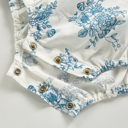 Blue & White Toile Floral Romper with Scallop Collar – Baby Girl