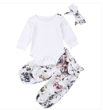 Baby Girl Ribbed Ruffle-Sleeve Romper & Floral Pants Set with Headband