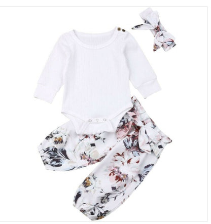 Baby Girl Ribbed Ruffle-Sleeve Romper & Floral Pants Set with Headband