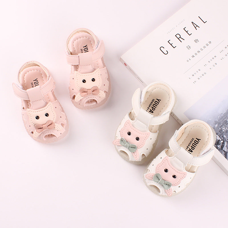 Kitty Face Bow Soft-Sole Baby Girl Sandals | Closed-Toe Cutout Style in Pink & White
