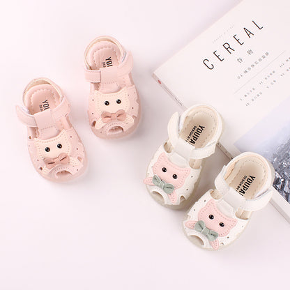 Kitty Face Bow Soft-Sole Baby Girl Sandals | Closed-Toe Cutout Style in Pink & White