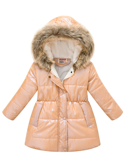 Girls’ Mid-Length Puffer Coat with Faux-Fur Hood (Winter Jacket)
