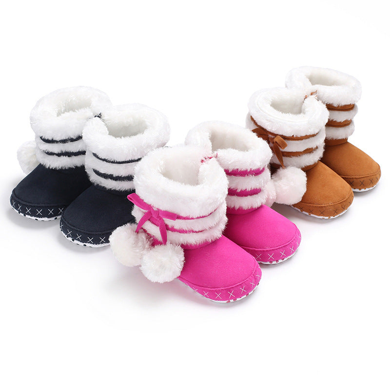 Pom Pom Faux Fur Baby Winter Booties with Anti-Slip Sole