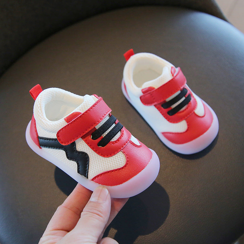 Wave-Panel Mesh & PU Toddler Sneakers | Breathable Color-Block Baby Shoes in Gray, Red & Orange
