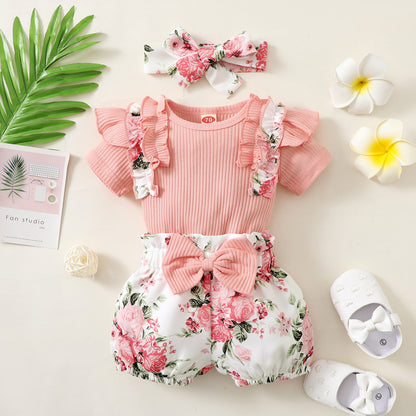 Baby Girl Flutter-Sleeve Romper & Printed Bloomer Shorts Set — Floral, Plaid & Heart Styles