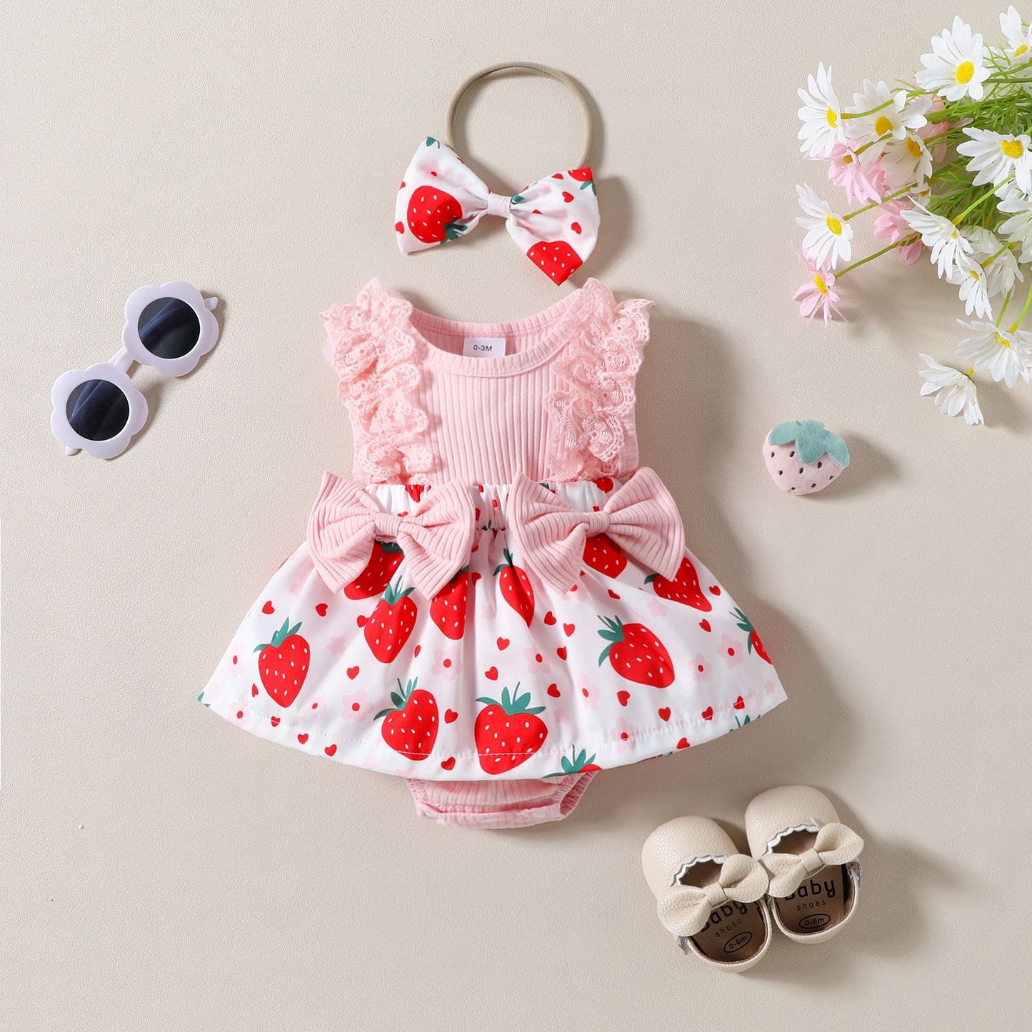 Baby Girl Strawberry Print Lace-Sleeve Romper Dress with Bow & Headband