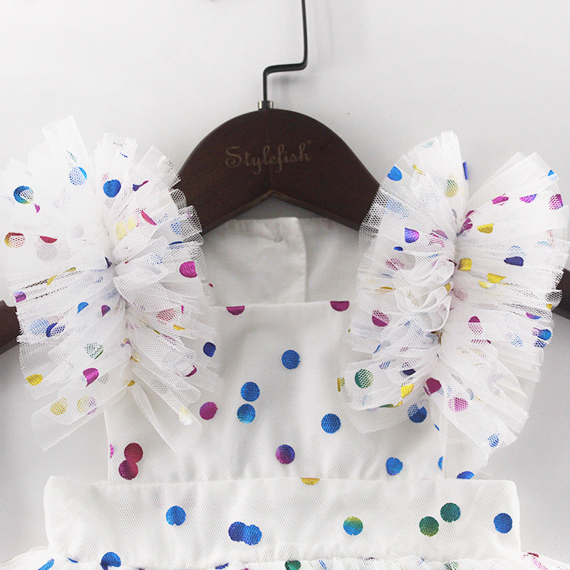 Baby Girl Confetti Dot Tulle Romper Dress – Flutter Sleeves & Rainbow Sequin Print, Sizes 0–3 Years