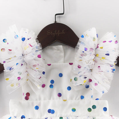 Baby Girl Confetti Dot Tulle Romper Dress – Flutter Sleeves & Rainbow Sequin Print, Sizes 0–3 Years