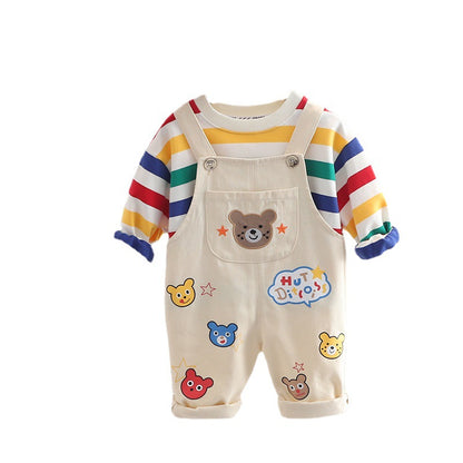 Toddler Boy 2-Piece Outfit Set – Rainbow Stripe Long-Sleeve Tee & Cartoon Bear Suspender Pants (6 Months–5 Years)