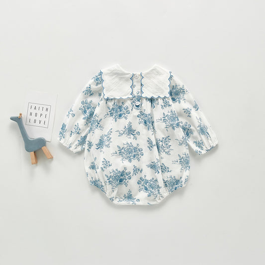 Blue & White Toile Floral Romper with Scallop Collar – Baby Girl