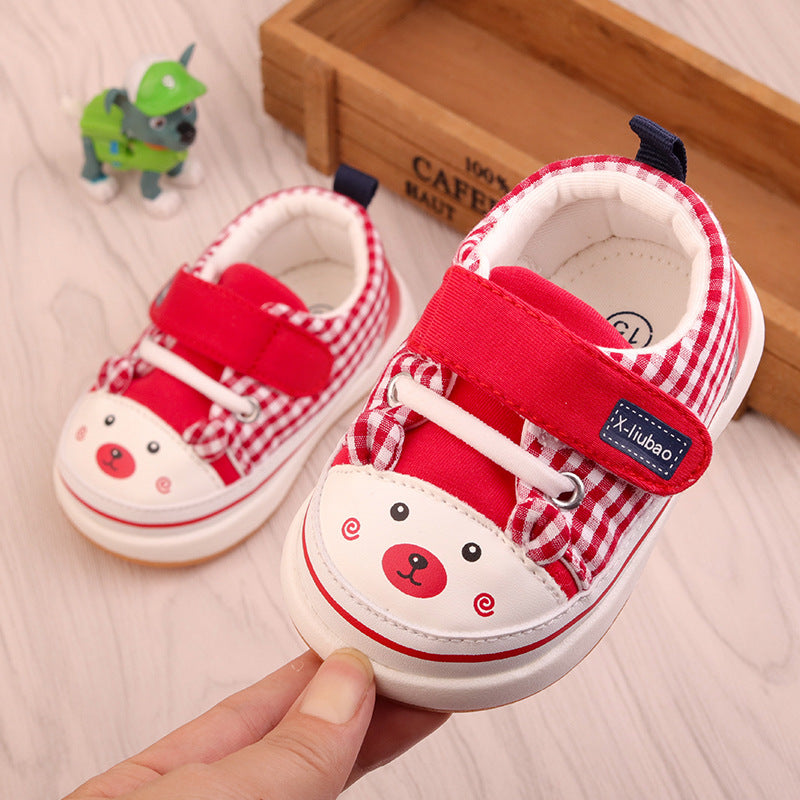 Plaid Canvas Baby Sneakers with Bear Face Toe Cap | Soft-Sole Pre-Walker in Blue, Red & Navy