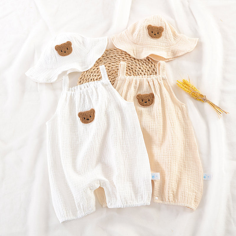Sleeveless Cotton Gauze Baby Romper Set with Hat – Lightweight Summer Crawling Suit