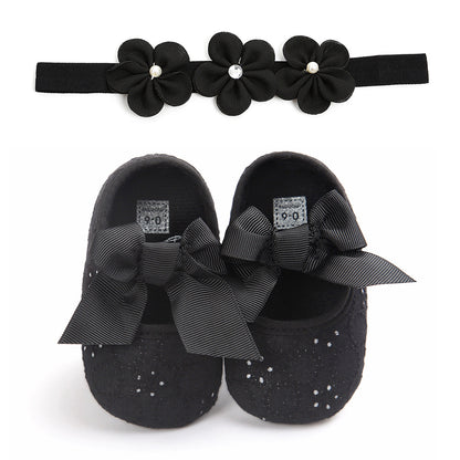 Baby Princess Shoes with Matching Headband – Soft Sole, Bow Detail (0–12 Months)
