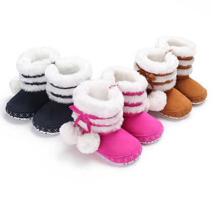 Pom Pom Faux Fur Baby Winter Booties with Anti-Slip Sole