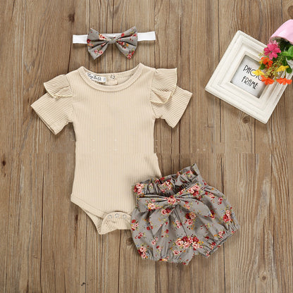 Baby Girl Ribbed Flutter-Sleeve Romper & Floral Bloomer Shorts Set with Headband