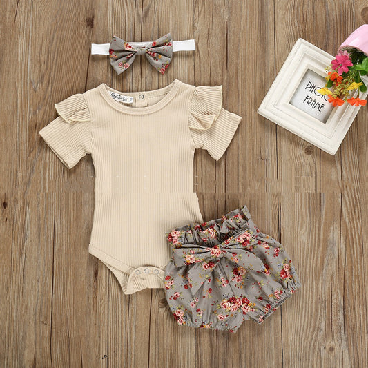Baby Girl Ribbed Flutter-Sleeve Romper & Floral Bloomer Shorts Set with Headband