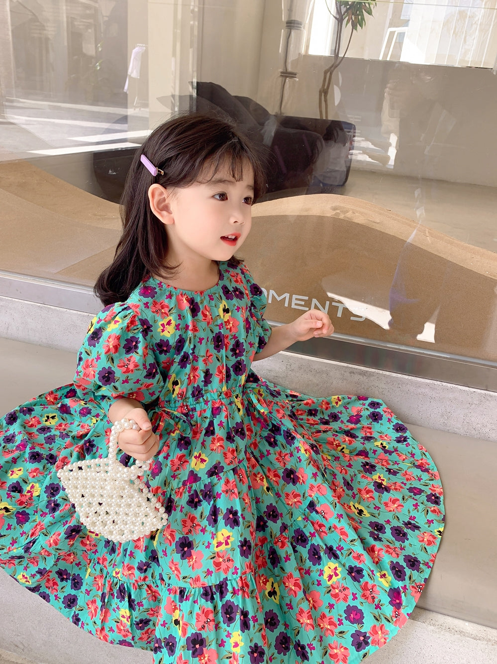 Girls' Teal Wildflower Puff-Sleeve Tiered Maxi Dress