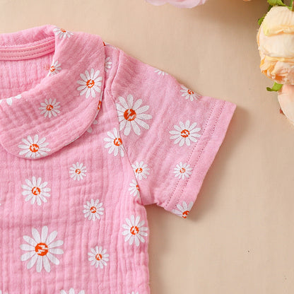 Baby Girl Daisy Print Muslin Two-Piece Set – Peter Pan Collar Top & Bloomer Shorts (6 Months–3 Years)