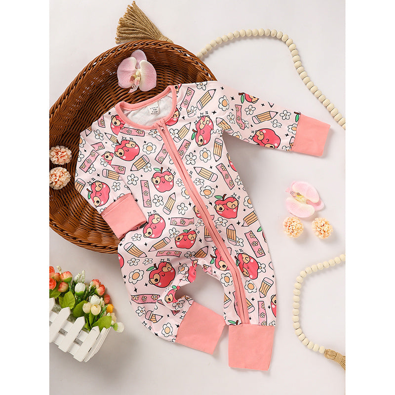 Adorable Infant Romper For Back To School Apple And Pencil Print Long Sleeve Jumpsuit Outfit