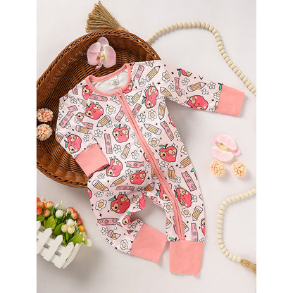 Infant Back-to-School Romper – Apple & Pencil Print Long Sleeve Jumpsuit