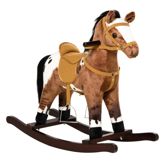 Rocking Horse Plush Ride-On Toy with Nursery Rhyme Music – 18-36 Months, Light Brown/White