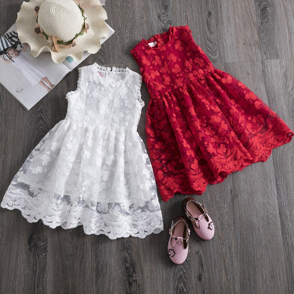 Girls' Sleeveless Lace Overlay Dress | Floral Scallop-Hem Party Dress in White or Red