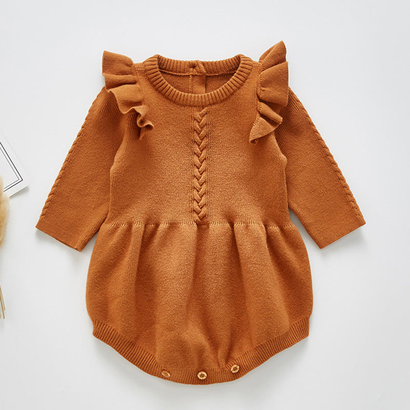 Ruffle Knit Baby Girl Romper – Soft Cotton One-Piece with Flutter Sleeves