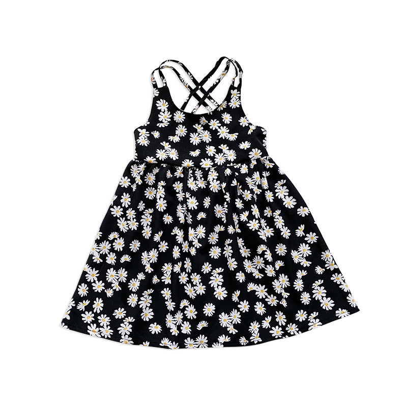Girls' Black Daisy Print Cross-Back Sundress