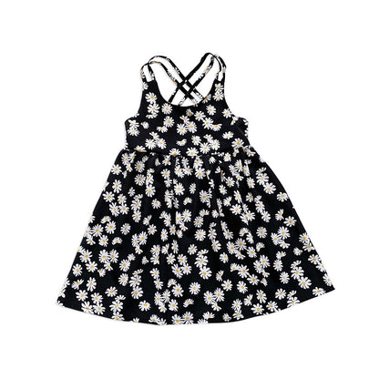 Girls' Black Daisy Print Cross-Back Sundress