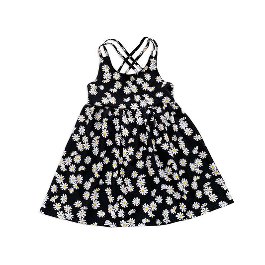 Girls' Black Daisy Print Cross-Back Sundress