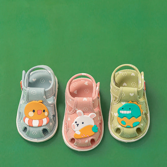 Heart-Print Canvas Baby Sandals with 3D Animal Appliqué | Closed-Toe Cutout Style in 4 Characters