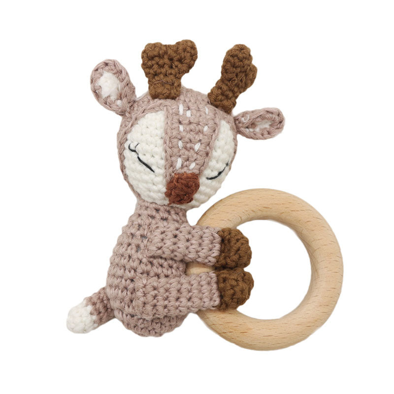 Handmade Crochet Fox & Deer Baby Teether Rattle – Wooden Ring Molar Toy