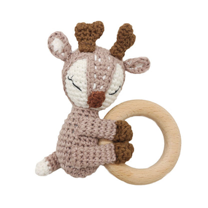 Handmade Crochet Fox & Deer Baby Teether Rattle – Wooden Ring Molar Toy