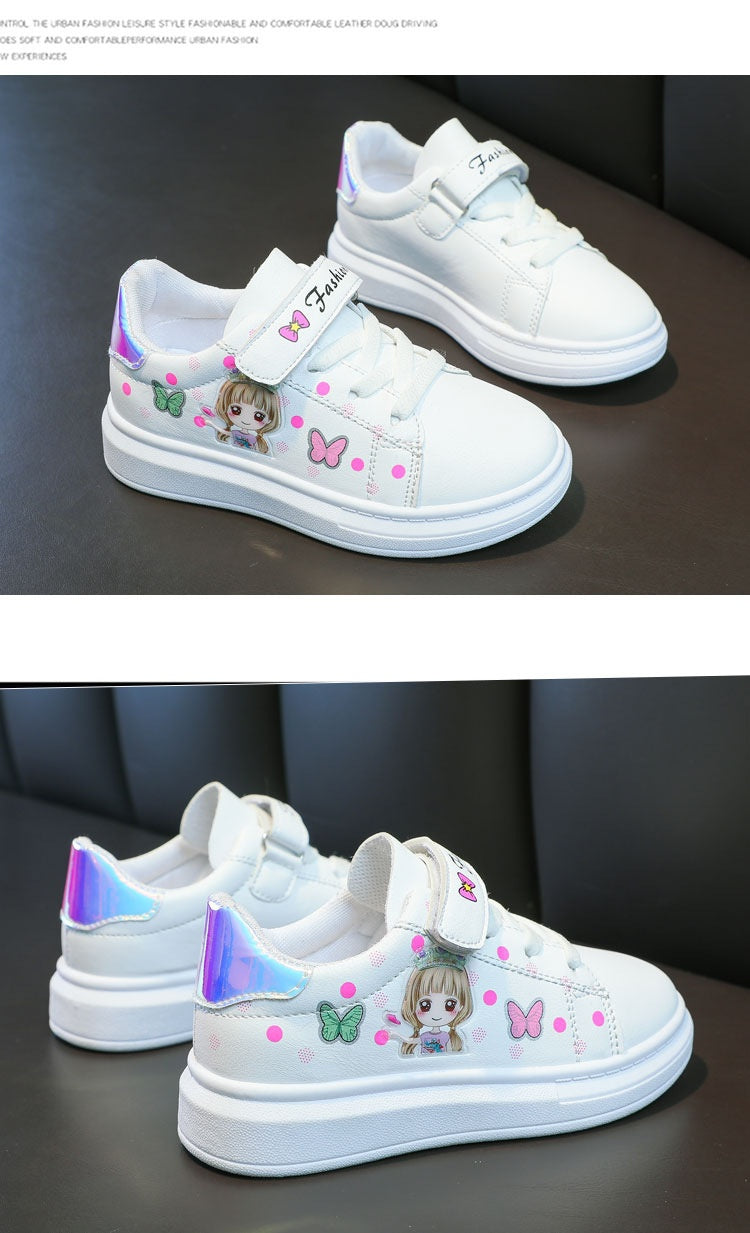Girls White Cartoon Sneakers – Breathable Casual Shoes with Non-Slip Rubber Sole