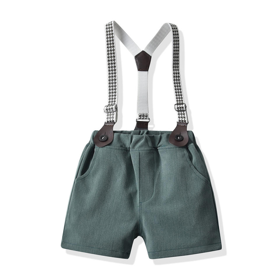 Toddler & Little Boys' White Shirt & Suspender Shorts Gentleman Set – Bow Tie & Houndstooth Braces, Sizes 3 Months–6 Years