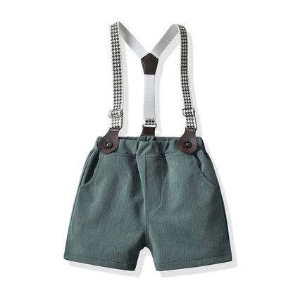 Toddler & Little Boys' White Shirt & Suspender Shorts Gentleman Set – Bow Tie & Houndstooth Braces, Sizes 3 Months–6 Years