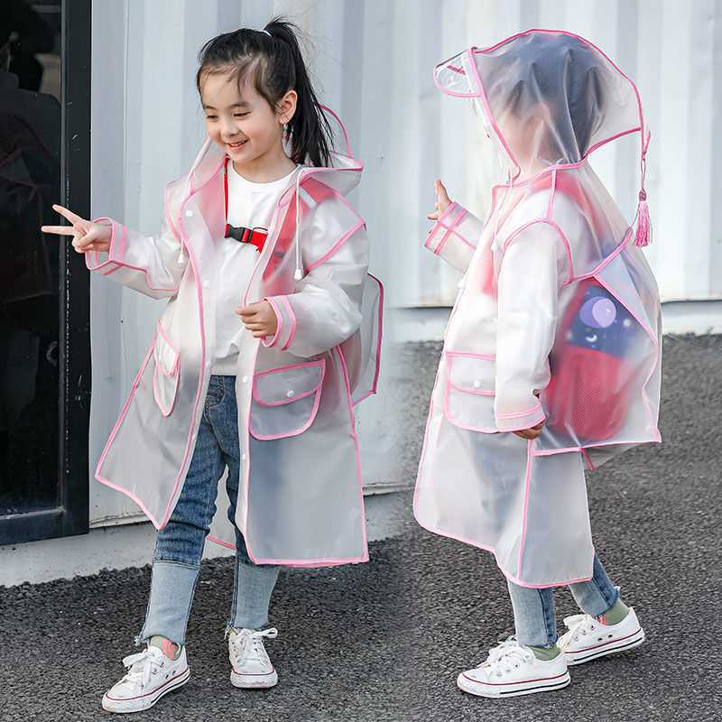 Transparent Kids' Raincoat with Built-In Backpack Cover – School Rain Jacket with Colored Trim