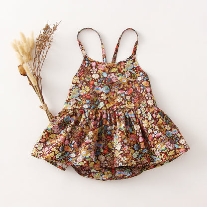 Ditsy Floral & Eyelet Dress-Romper for Baby Girls – Spaghetti Strap Summer Bubble Dress