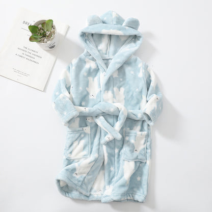 Kids' Hooded Fleece Bathrobe – Plush Flannel Robe with Pockets & Tie Belt, Cartoon Prints for Boys & Girls (2T–12 Years)