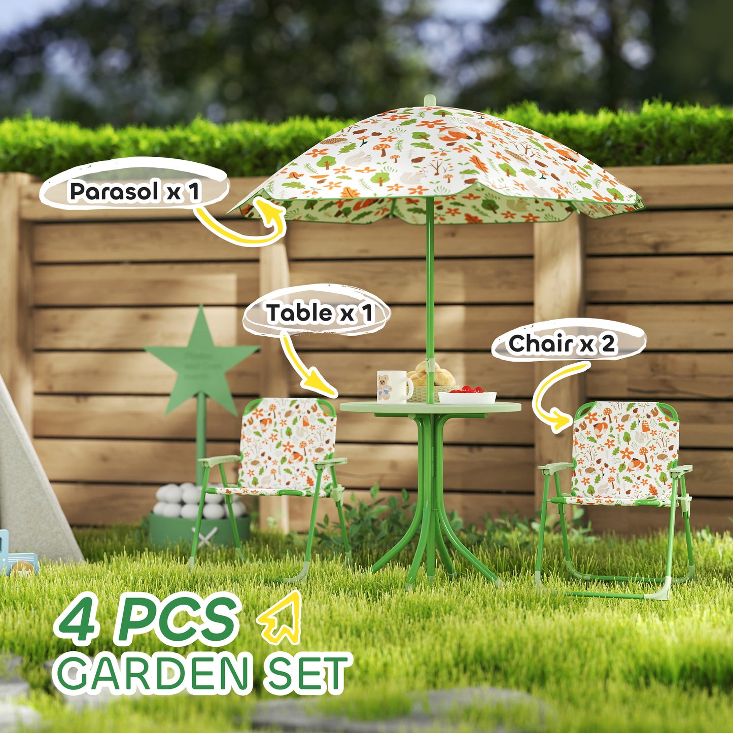Kids Picnic Table & Chair Set with Umbrella – Outdoor Activity Table, Foldable, Green