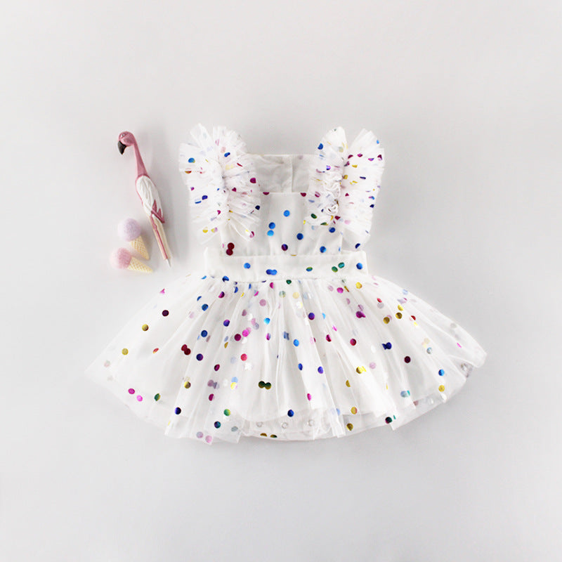 Baby Girl Confetti Dot Tulle Romper Dress – Flutter Sleeves & Rainbow Sequin Print, Sizes 0–3 Years
