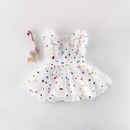 Baby Girl Confetti Dot Tulle Romper Dress – Flutter Sleeves & Rainbow Sequin Print, Sizes 0–3 Years
