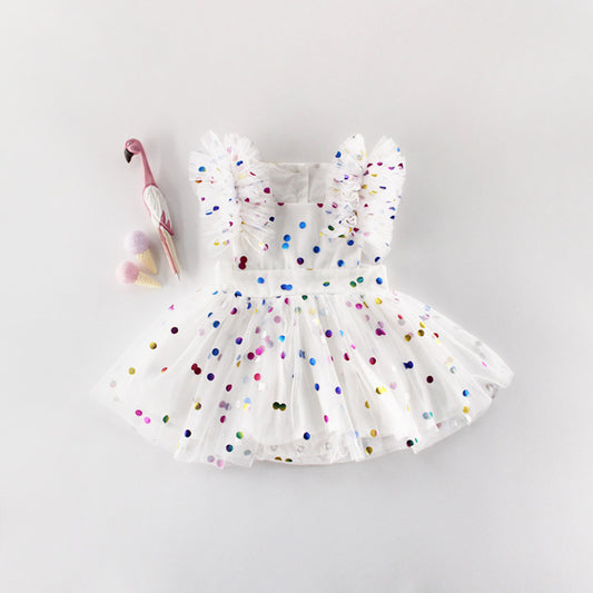 Baby Girl Confetti Dot Tulle Romper Dress – Flutter Sleeves & Rainbow Sequin Print, Sizes 0–3 Years