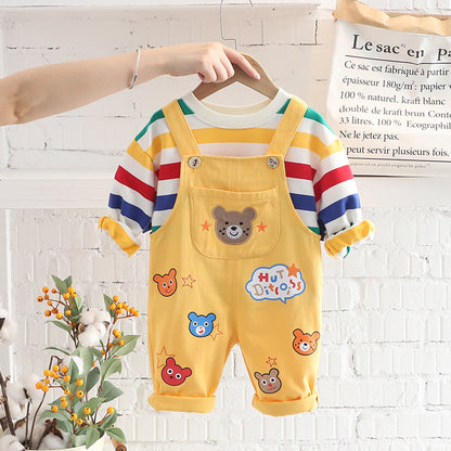 Toddler Boy 2-Piece Outfit Set – Rainbow Stripe Long-Sleeve Tee & Cartoon Bear Suspender Pants (6 Months–5 Years)