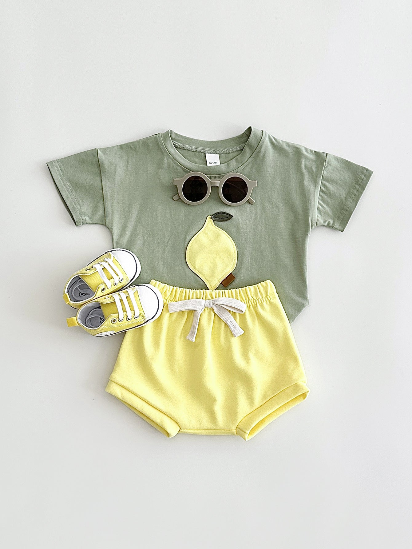 Baby & Toddler Fruit Appliqué Tee & Bloomer Shorts Set | Summer Cotton 2-Piece in Sage or Camel