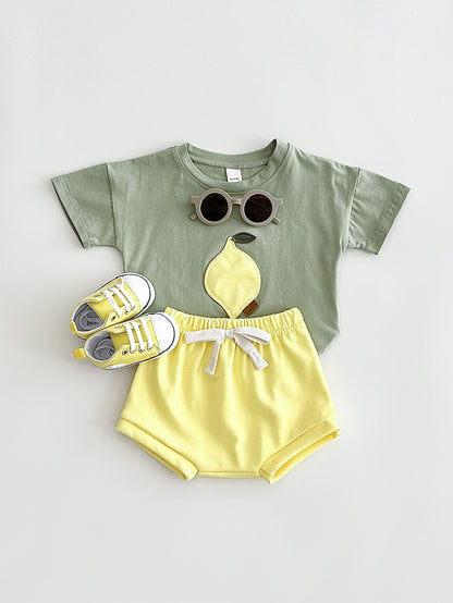 Baby & Toddler Fruit Appliqué Tee & Bloomer Shorts Set | Summer Cotton 2-Piece in Sage or Camel