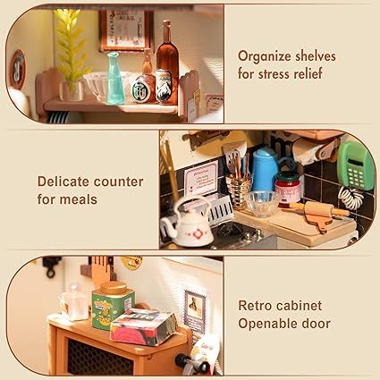 ROBOTIME Rolife Happy Kitchen Miniature Dollhouse Kit – DIY Wooden Room with LED Light (DG159)