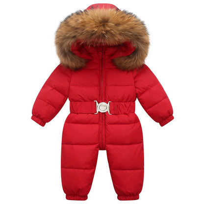 Girls’ Hooded Faux-Fur Snowsuit – Puffer-Style One-Piece Winter Jumpsuit with Belt