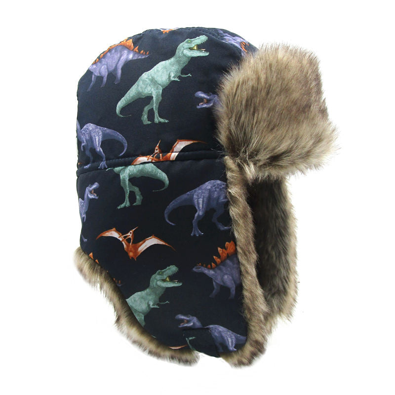 Kids Dinosaur Trapper Hat – Faux Fur Earflap Winter Hat (Windproof & Warm)