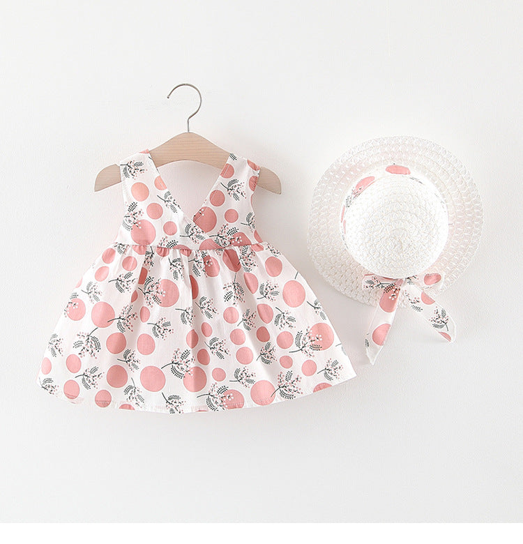 Baby Girl Polka Dot & Floral Print Sleeveless Dress with Sun Hat – Bow Back, Sizes 6 Months–4 Years